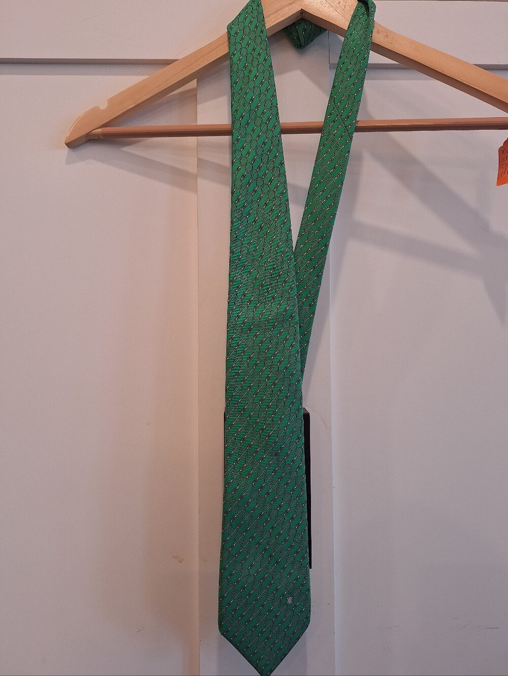 Celine Paris Mens Green Patterned Silk Tie EUC